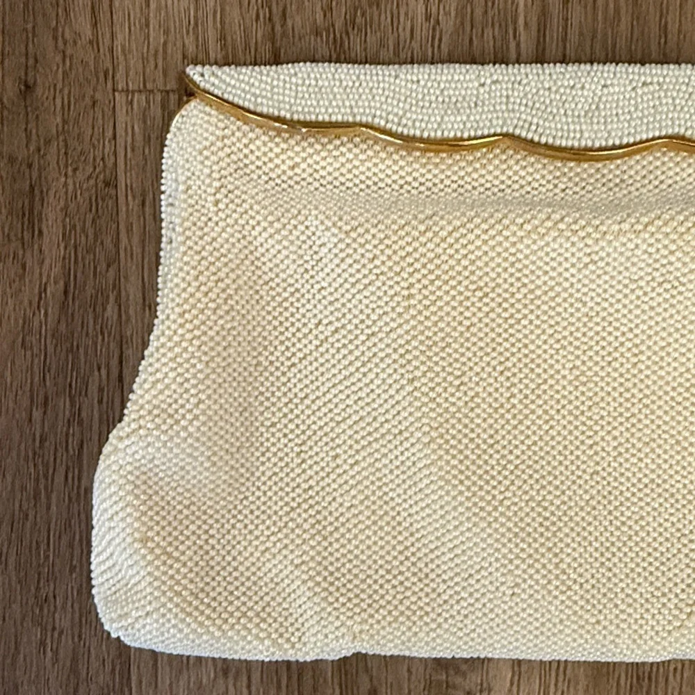 Vntg magid hand beaded made in France Cream wedding Clutch with Gold Trim